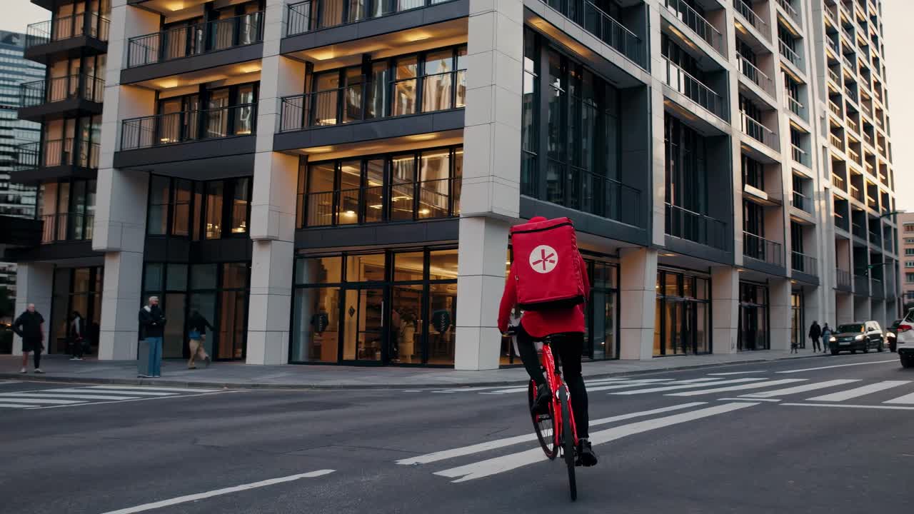 Low-angle video shot of a delivery cyclist in urban setting, showcasing modern city life and hustle