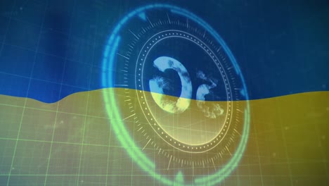 Animation-of-scope-scanning-and-5g-symbol-over-flag-of-ukraine