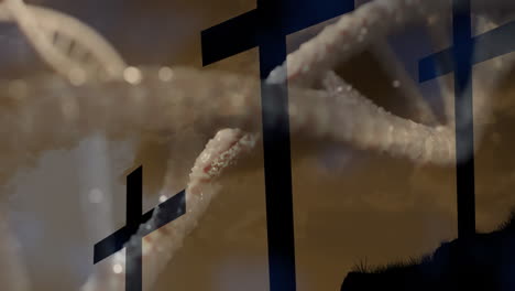 animation of dna strand intertwining with crosses in cloudy sky background