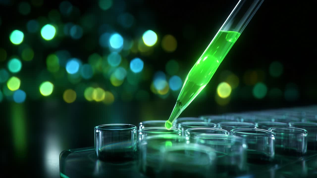 A close-up view of a laboratory pipette transferring a vibrant green liquid into a series of clear test tubes, showcasing the intricate details of laboratory work and chemical experimentation