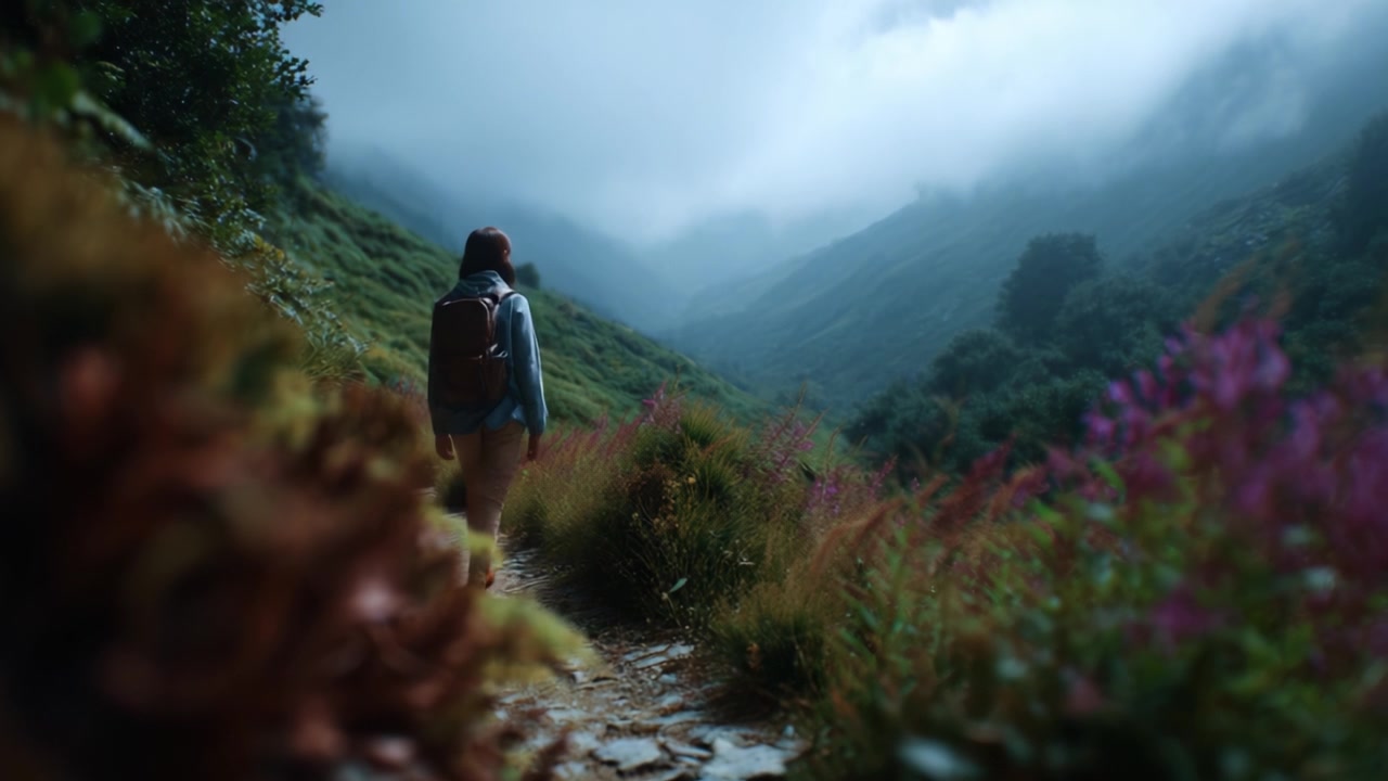 A solo traveler ventures through a misty, lush landscape filled with vibrant flowers, creating a serene atmosphere in the heart of nature's captivating beauty.