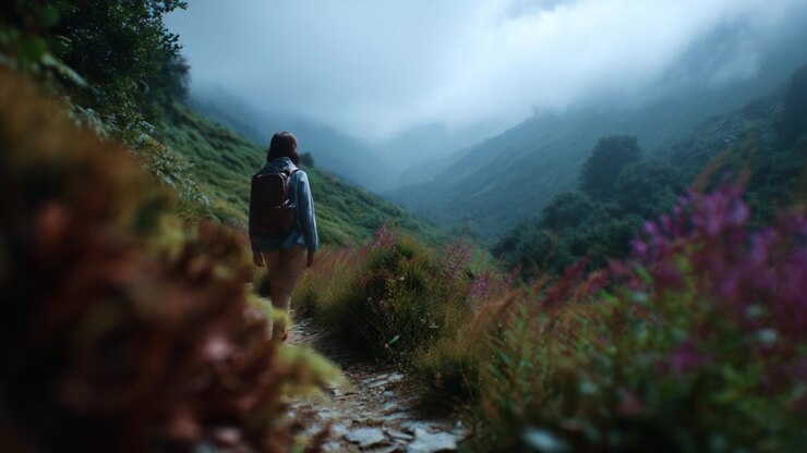 A solo traveler ventures through a misty, lush landscape filled with vibrant flowers, creating a serene atmosphere in the heart of nature's captivating beauty.