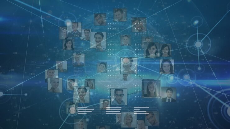 Animation of network of connections over globe of business profile icons against blue background