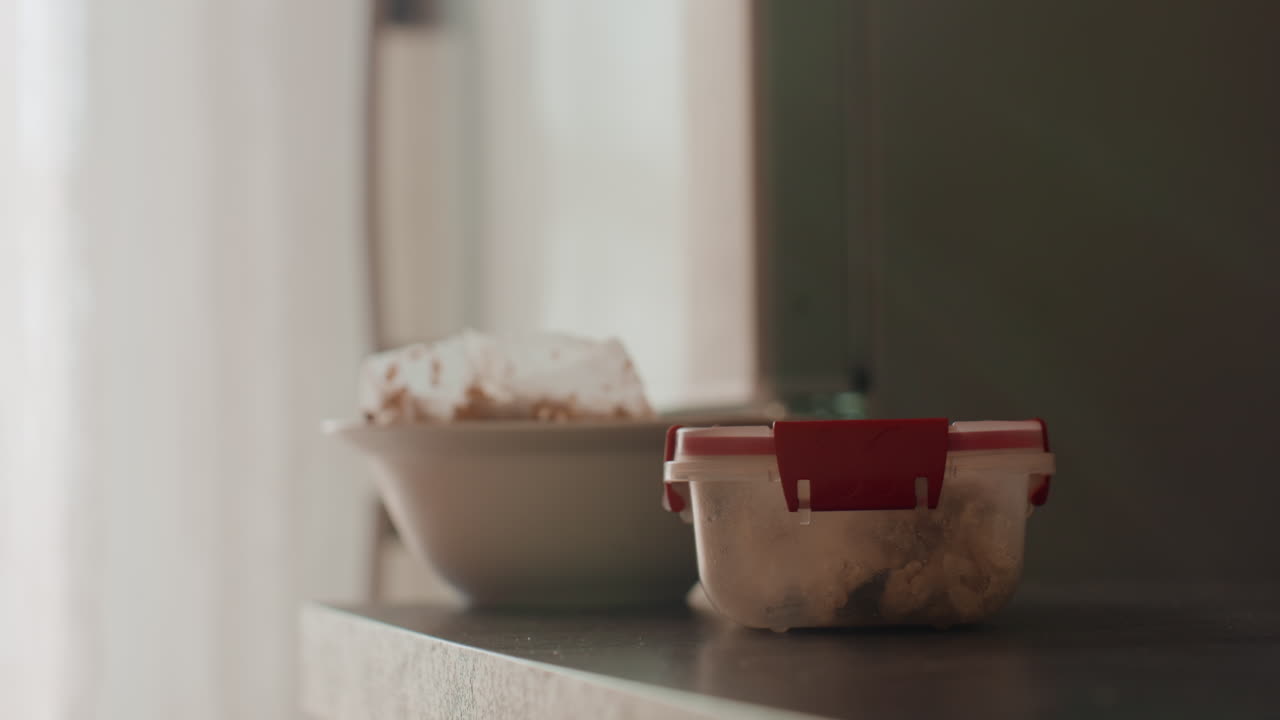 Alternate Descriptions Conveying Same Message, Unique Phrasings Presenting Equivalent Concepts In Different Words, Diverse Sentence Structures Describing Woman Handling Ceramic Bowl In Kitchen