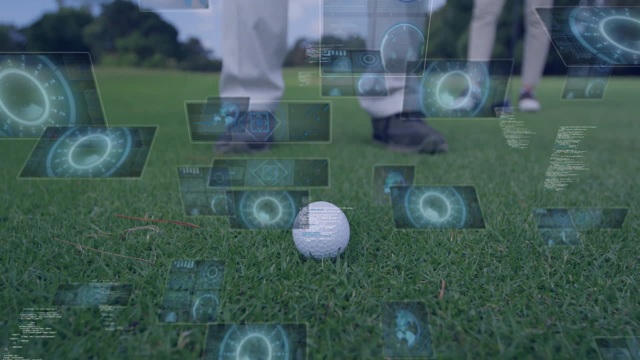 Golf ball on grass with digital data processing animation over player's feet