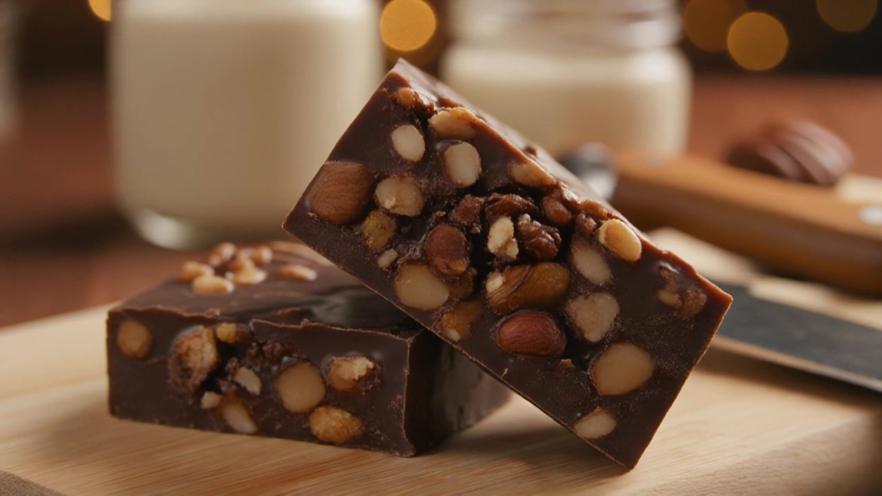 Pieces of Dark Chocolate with Assorted Nuts on a Wooden Board