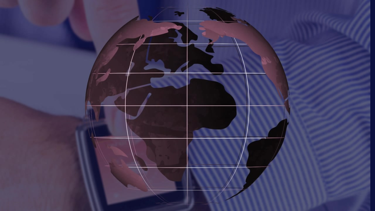 Animation of globe over caucasian man using smartwatch