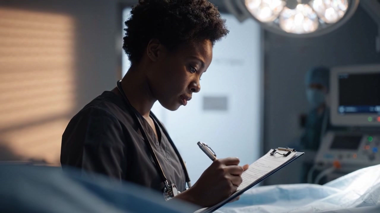 A dedicated medical professional meticulously documenting patient information in an operating room, emphasizing the importance of attention to detail in healthcare practices.