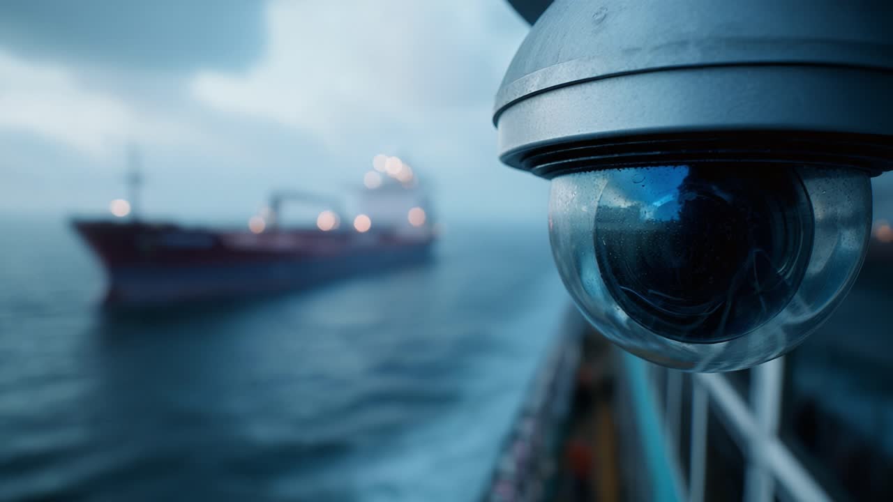 Una telecamera di sicurezza osserva l'oceano al tramonto. Una nave scivola all'orizzonte. La tecnologia di sorveglianza protegge le zone marittime. Ideale per spedizioni, sicurezza marittima o progetti di sicurezza costiera.