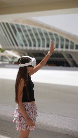 woman experiencing virtual reality in a city