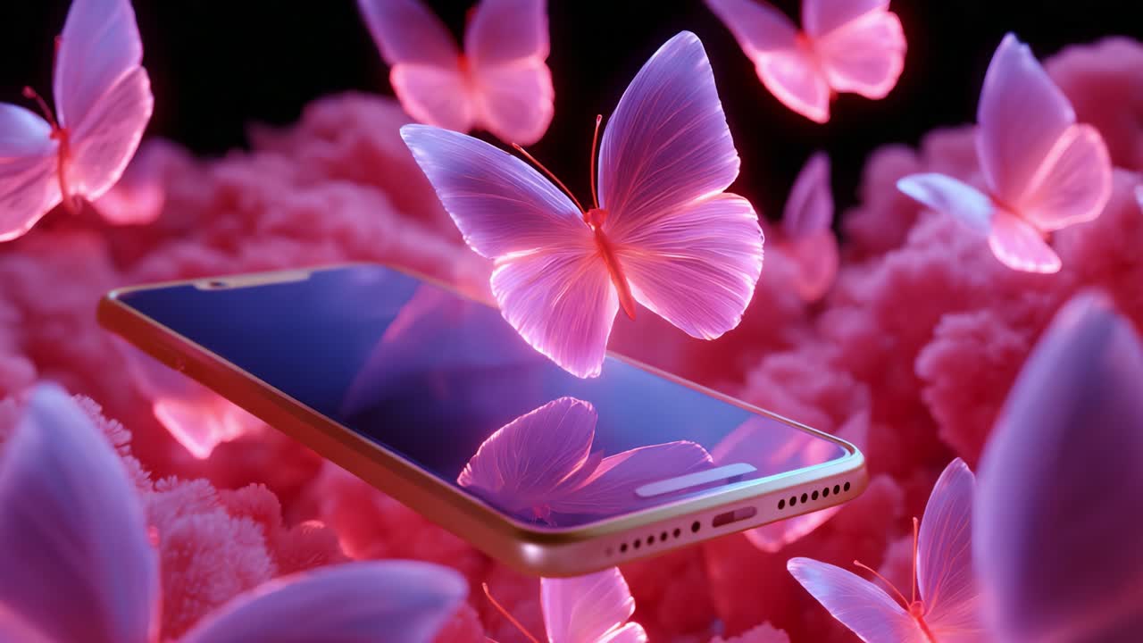 Завораживающая композиция со смартфоном в окружении ярких розовых бабочек, грациозно парящих на фоне мягкого плюшевого облака, создающая волшебное и причудливое визуальное впечатление