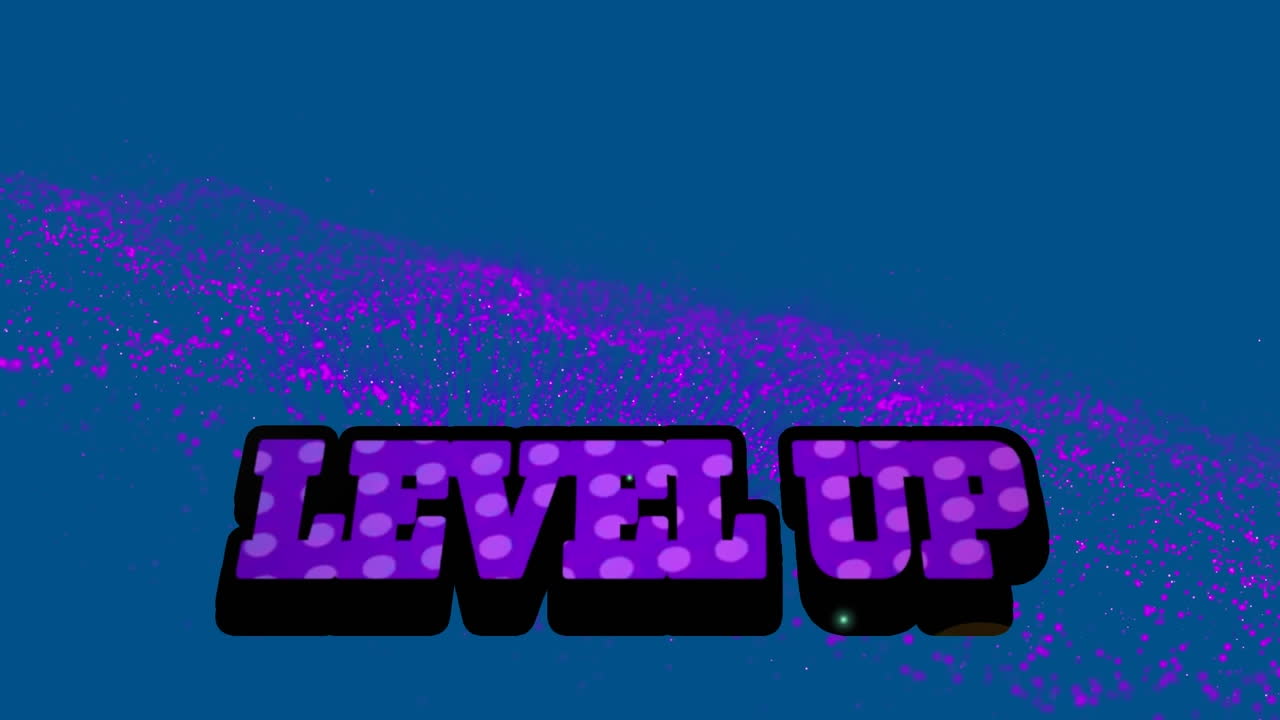 파란색 배경의 텍스트와 모양의 레벨 업 애니메이션