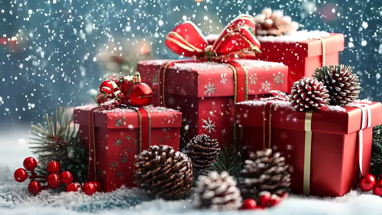 A red box with a red bow sits on top of a pile of pine cones and berries. The scene is set in a snowy landscape, giving it a festive and cozy atmosphere