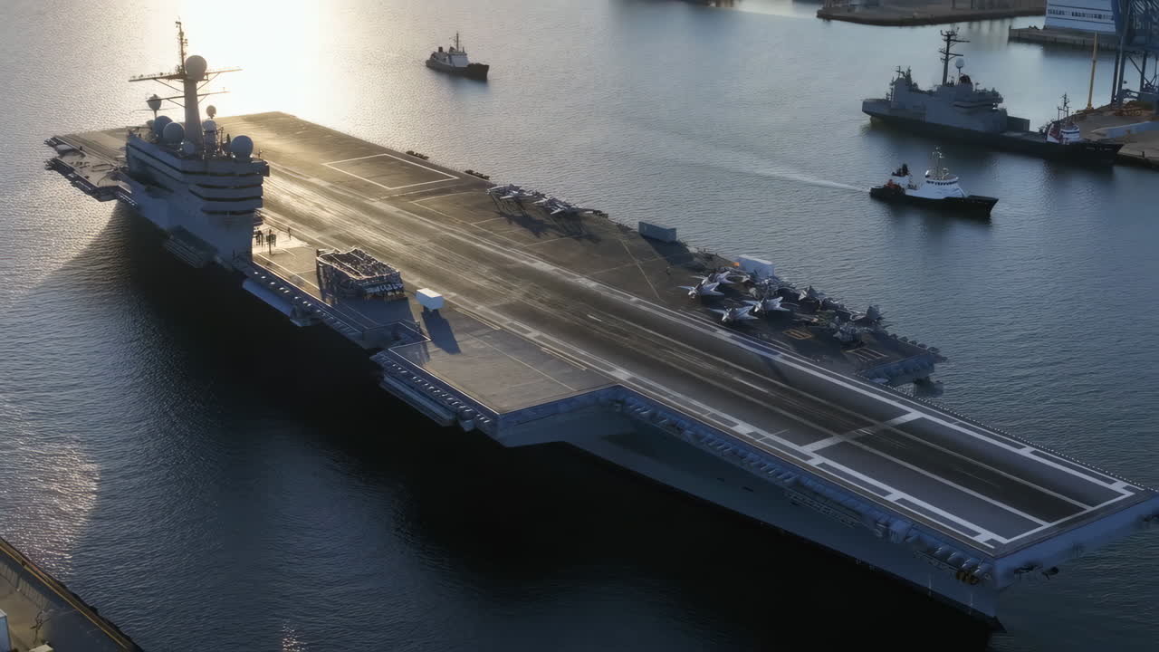 Aircraft Carrier with Fighter Jets in Port at Sunset