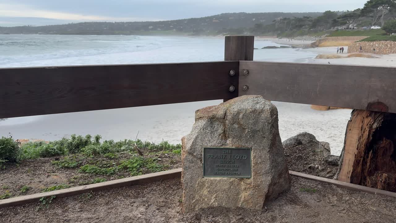 The Frank Lloyd Wright bench at Carmel by the Sea Northern California, during sunset STATIC SHOT