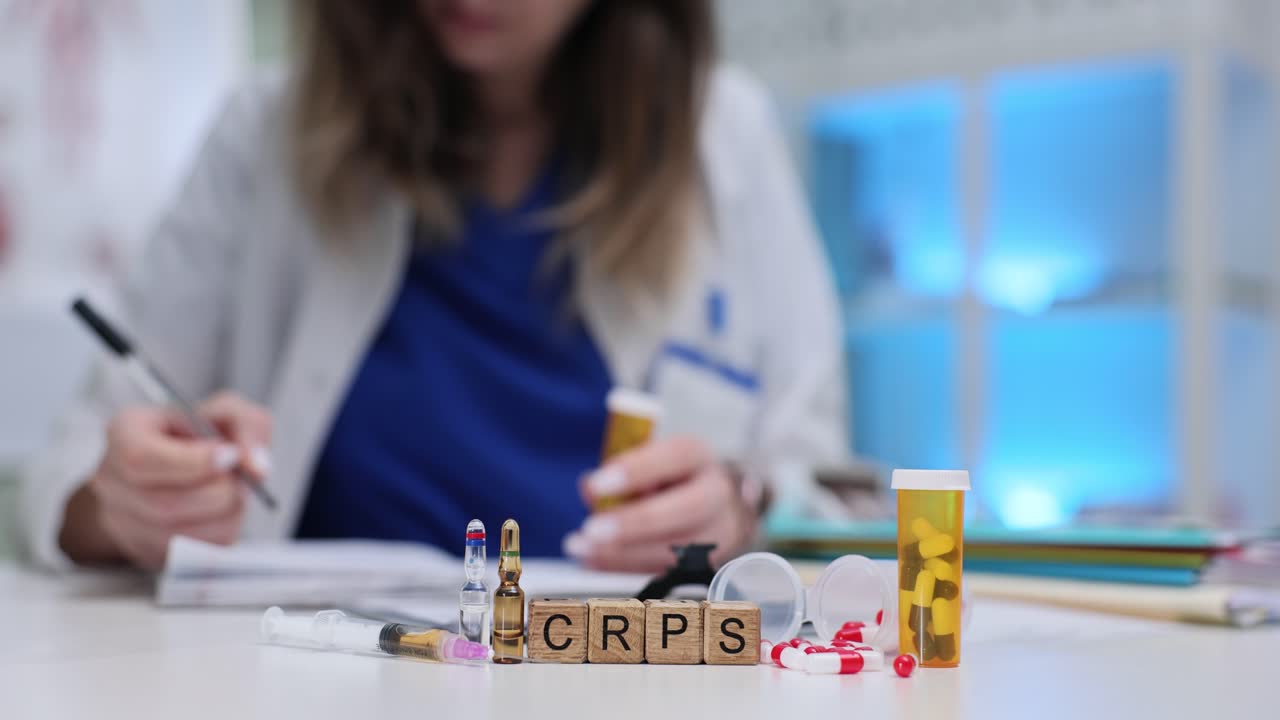 Abreviatura CRPS con medicamentos y un médico trabajando en la clínica
