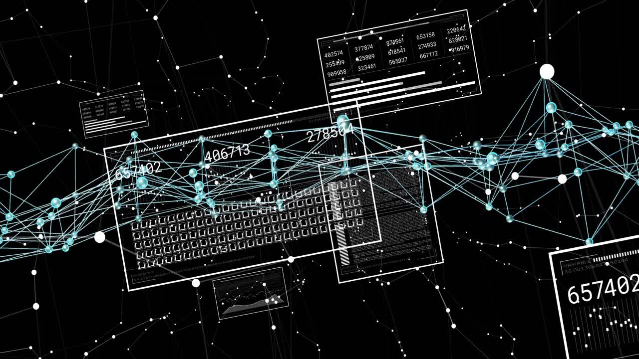 Glødende kæde, der driver ind i billedet og danner netværkskanter, tal opdateres og visualiserer dataflow
