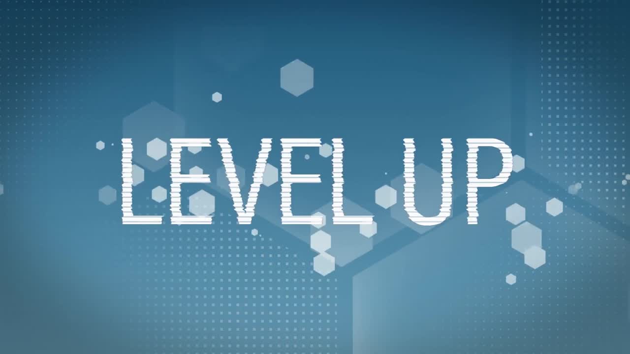 파란색 바탕에 떠다니는  ⁇  점 위의 레벨 업 텍스트의 애니메이션