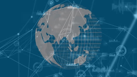 animation of networks of connections with statistics processing over globe on blue background