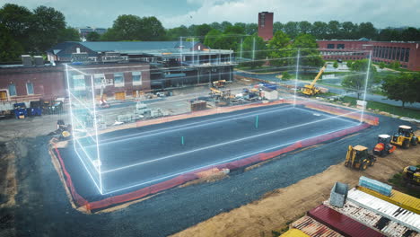construcción de planos en 3d de un edificio de oficinas en una plataforma de grava