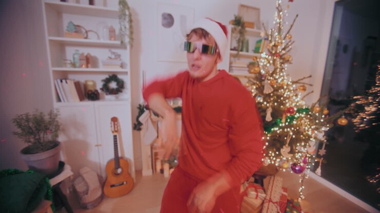 Man gesturing while performing during party at illuminated home during Christmas
