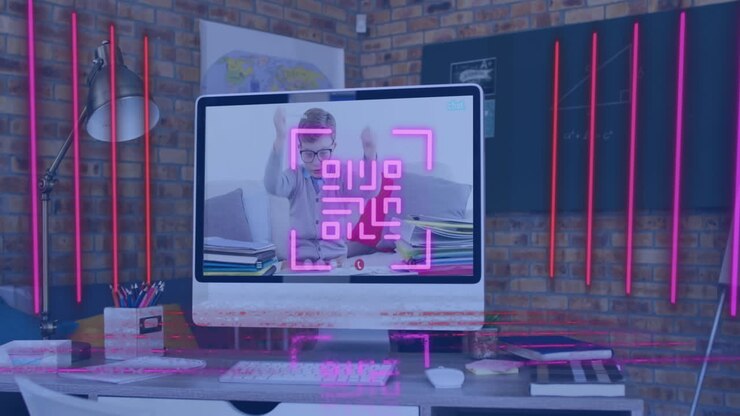 Animation af neon QR-kode og linjer over kaukasisk skoledreng på computerskærm