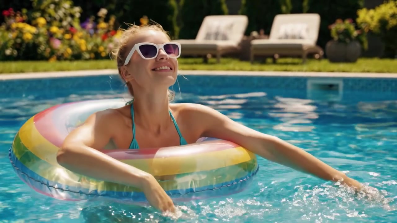 Joyful Day by the Pool: A Sun-Kissed Individual Relaxing in a Colorful Inflatable Ring, Enjoying the Vibrant Atmosphere Surrounded by Lush Greenery and Beautiful Flowers