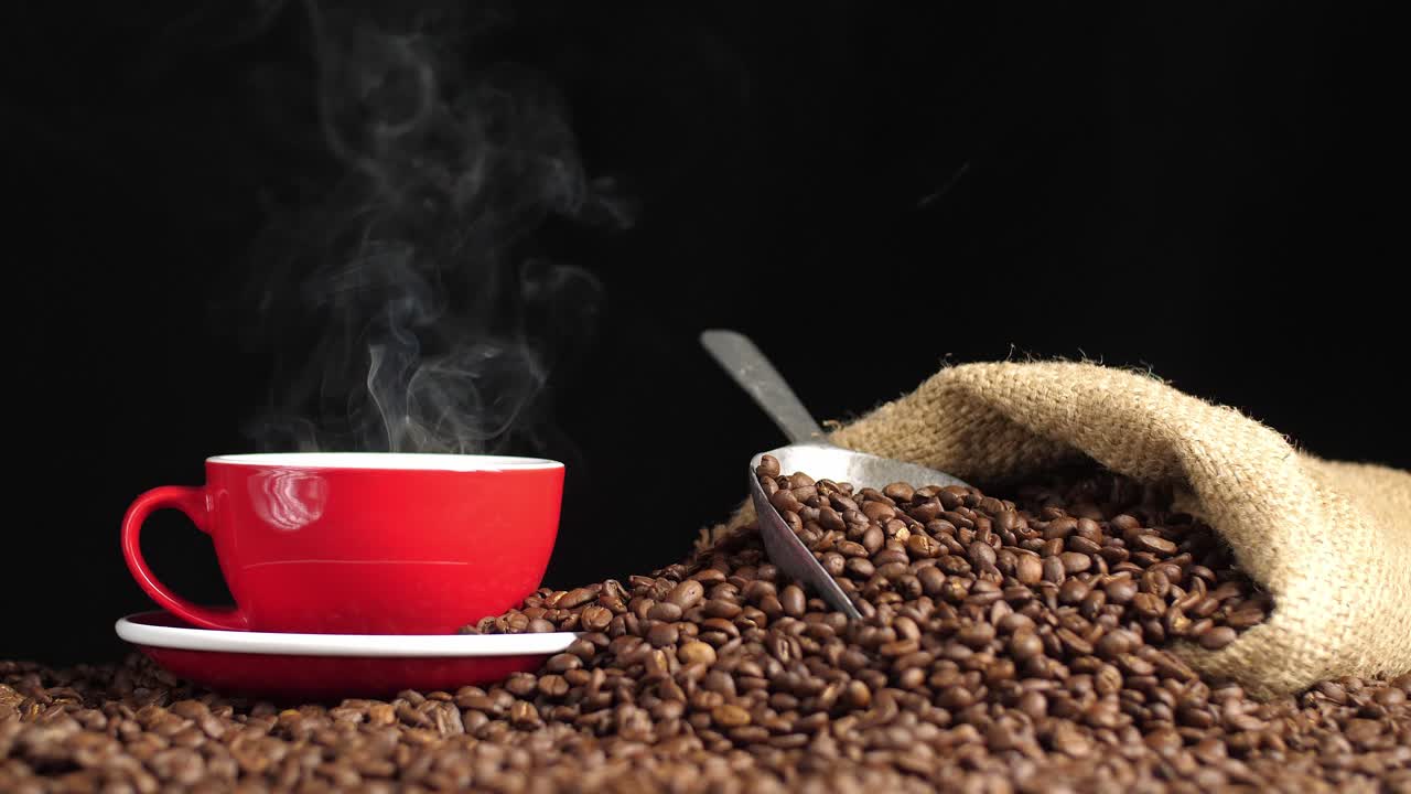 Coffee Cup With Smoke And Coffee Beans, Video In 4K, 50Fps