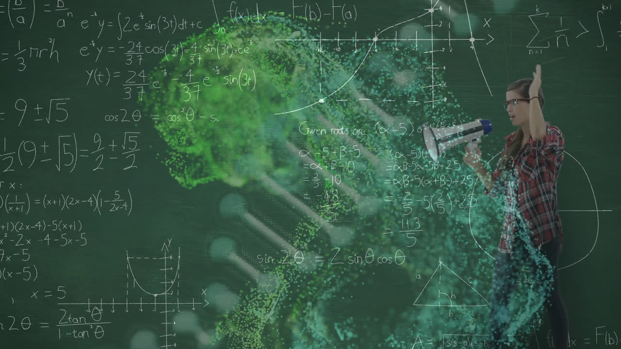animación de cadena de adn y formas sobre mujer caucásica con megáfono y ecuaciones matemáticas