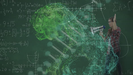 animation of dna strand and shapes over caucasian woman with megaphone and mathematical equations