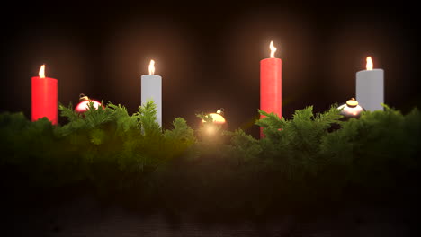 Primer-Plano-Animado-Ramas-De-árboles-Verdes-Velas-De-Navidad