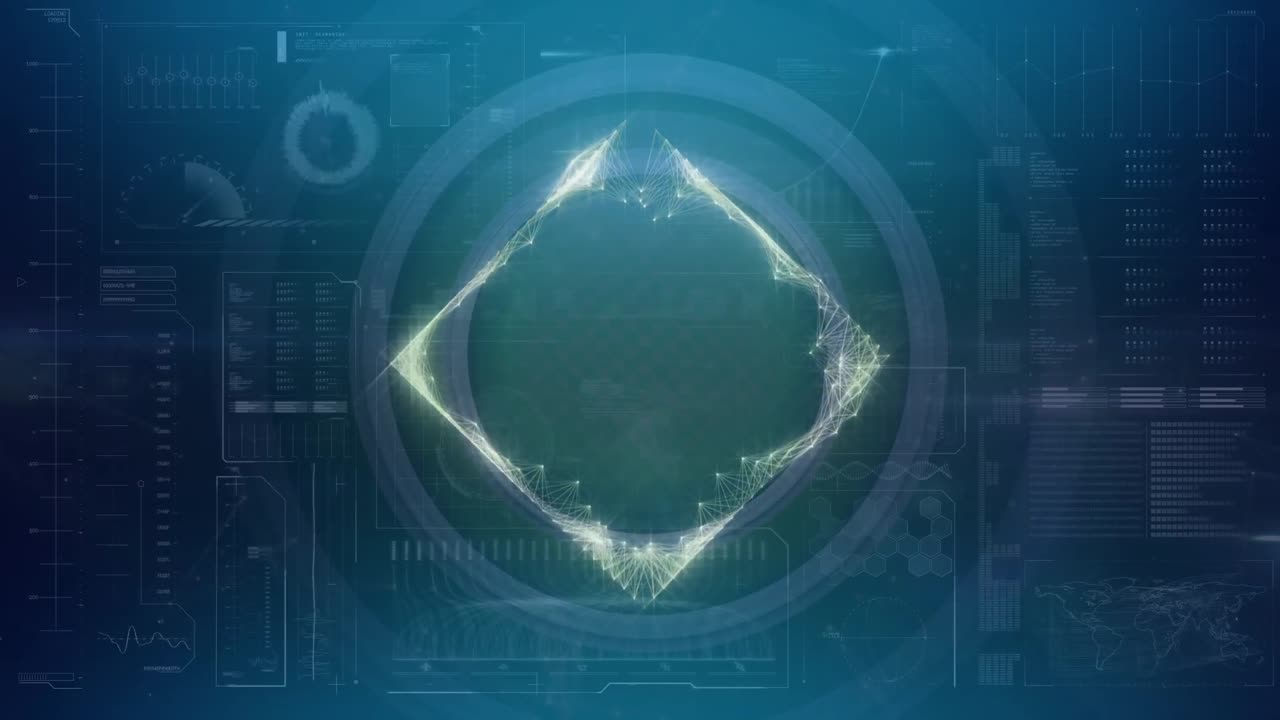 Animation of square over blue screen with diverse data