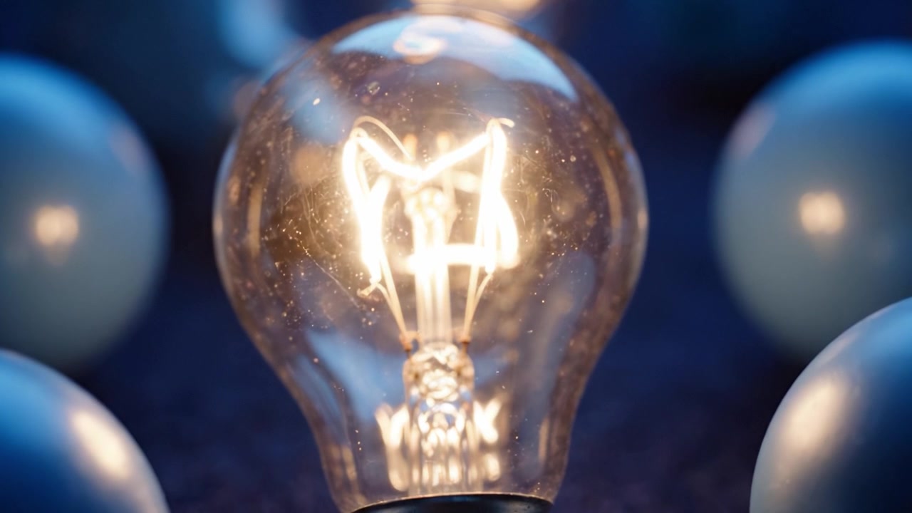 Una lampadina luminosa circondata da sfere blu decorative, che evidenzia il bagliore caldo in un'ambientazione notturna, perfetta per catturare l'essenza della luce e dell'atmosfera.