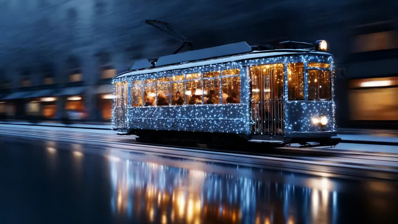 A beautifully illuminated tram adorned with sparkling lights glides through a vibrant city at night, leaving a trail of reflections on the wet pavement, capturing the essence of festive urban charm