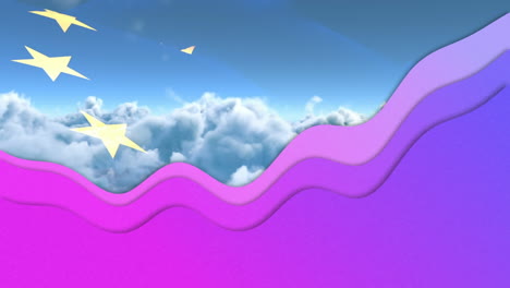 forma de textura líquida abstracta sobre la bandera de la ue contra las nubes en el cielo azul