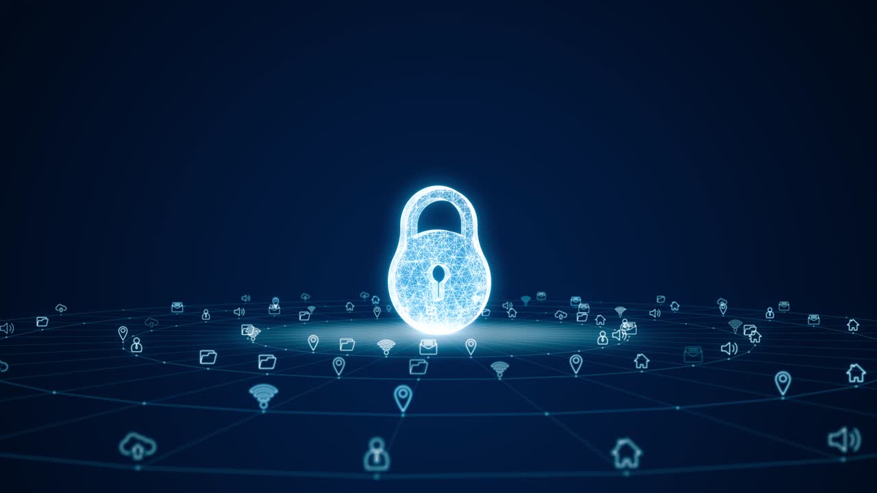 Motion graphic of Blue digital 3D key logo with futuristic technology icon and line connection with circle rotation on abstract background concept seamless loop video