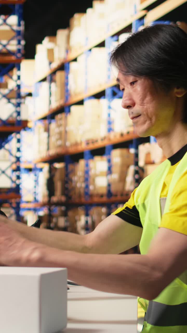 Vertical Video Asian employee using scanner to register shipping labels on cardboard boxes