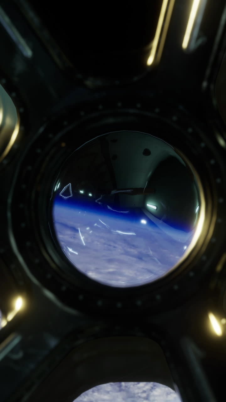 Vista dalla finestra di una stazione spaziale che mostra il pianeta Terra e l'atmosfera.