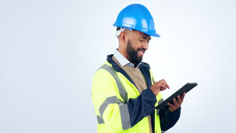 trabajador de la construcción, hombre y tableta para el proyecto