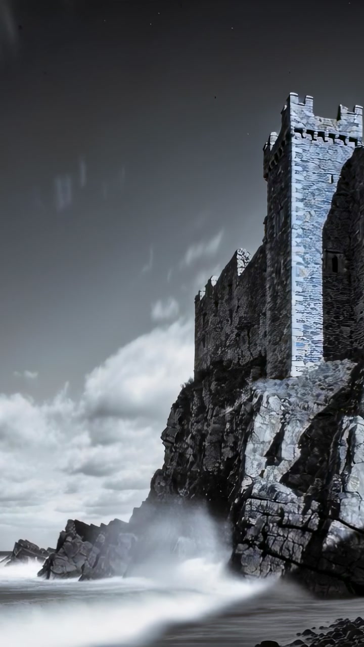 Vertical video: Holding castle tower and wall bracing on rocky cliff surf striking mist, copy space