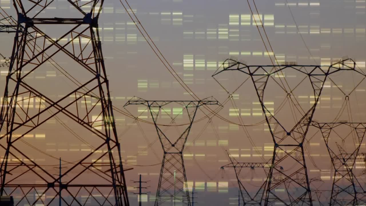 Animation of moving columns over landscape with electricity pylons