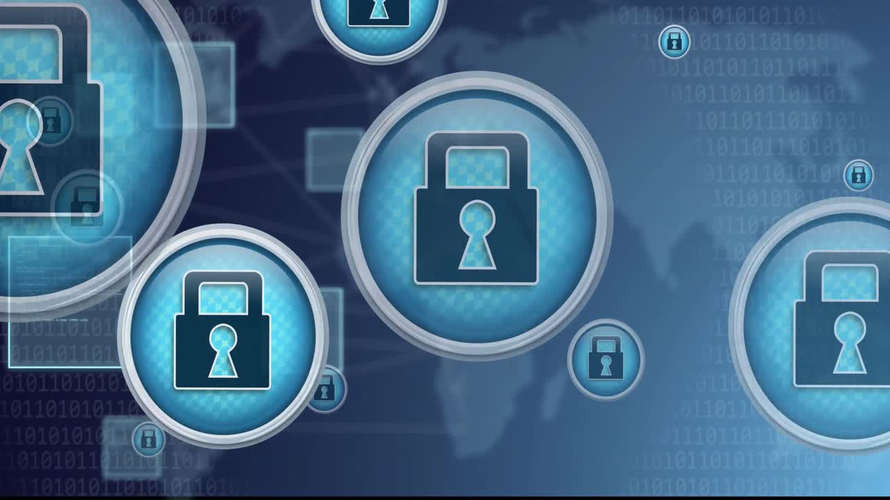 animación de cerraduras y red de conexiones sobre el mapa del mundo