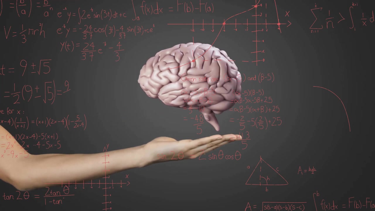 On arm entering from left 3D brain appearing above palm rotating, retracting illustrating learning