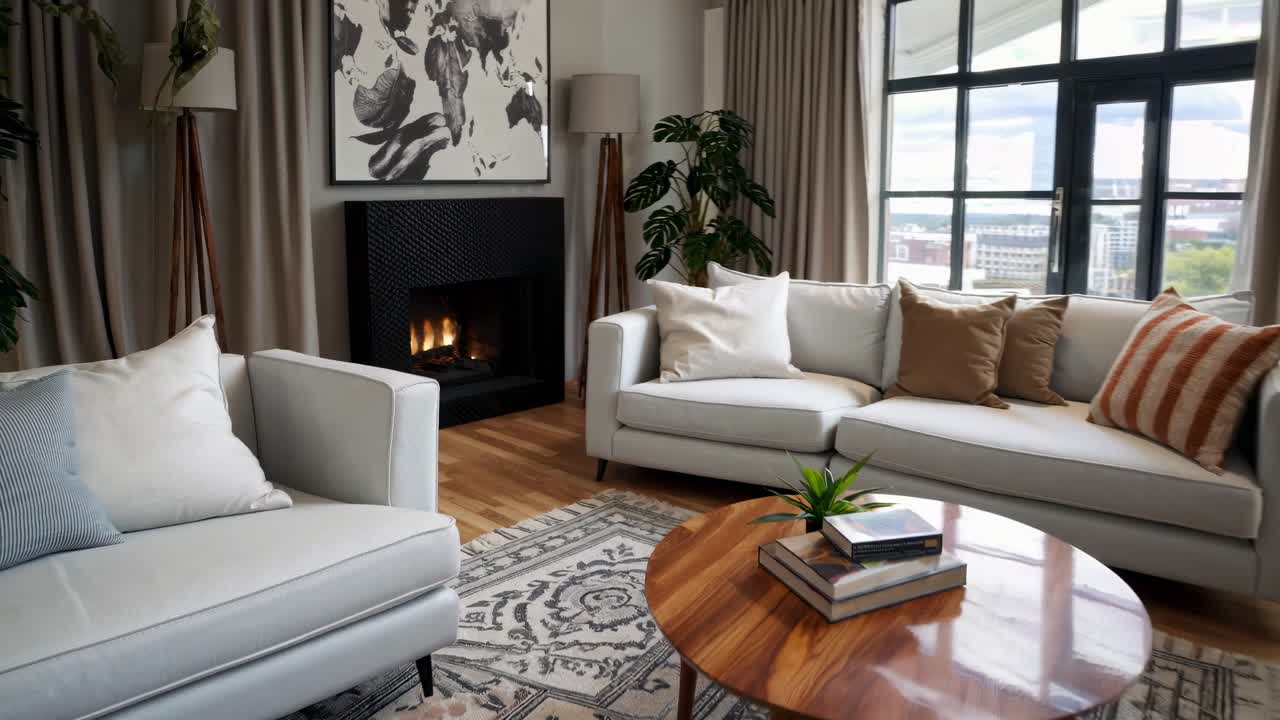 Wide-angle shot of a modern living room with neutral tones, elegant decor, and large windows