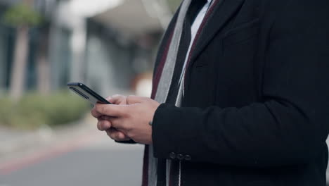 business man, phone and typing for outdoor chat