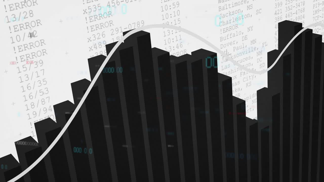 Animation of black bar graph with line chart on text data background