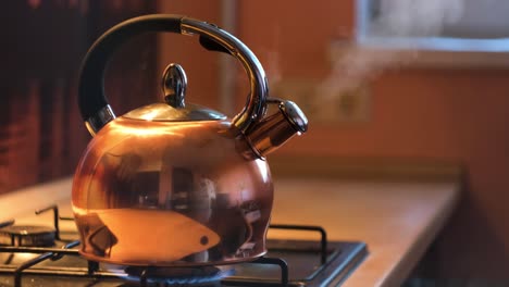 copper kettle boiling on a gas stove