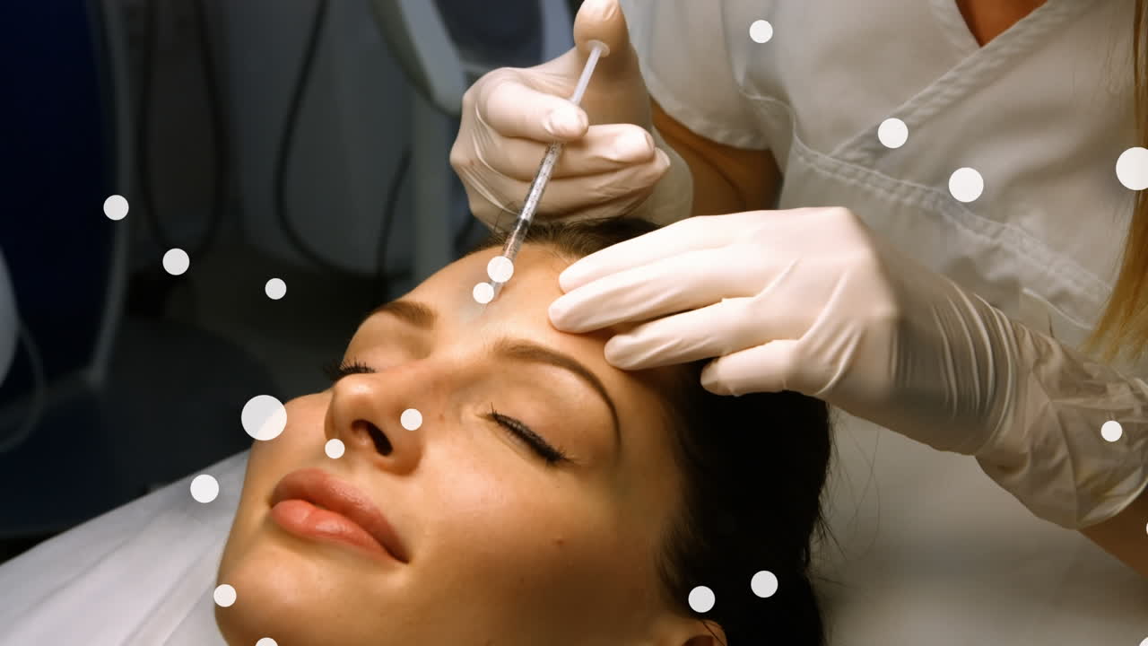 animación de manchas blancas sobre una mujer biracial que se inyecta botox