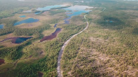 toma aérea inclinada hacia adelante de un gran parque nacional con un camino sinuoso al norte de finlandia