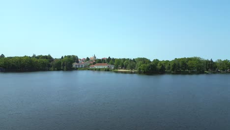 fantastic aerial top view flight vacation paradise village chlum at lake hejtman in czech summer day 2023